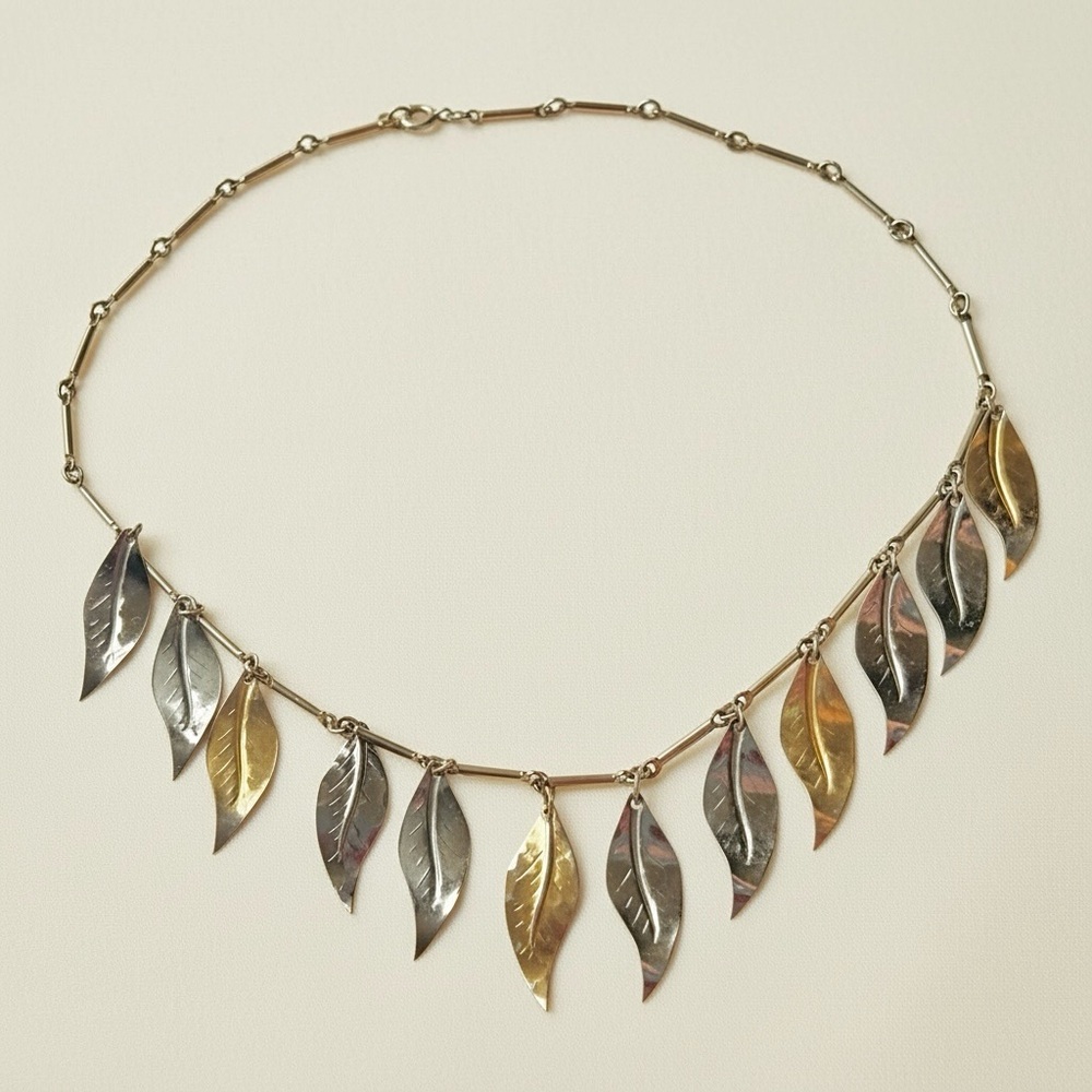 Two-Tone Vintage Boho Necklace Gold and Silver Tone Jewelry Dangle Leaf Choker